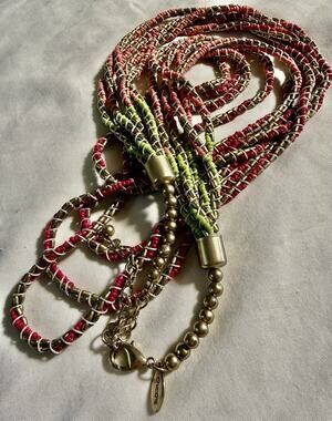 Vintage Chico’s Bead Necklace Long Green Pink Gold Multi Intertwined Strand 30”+